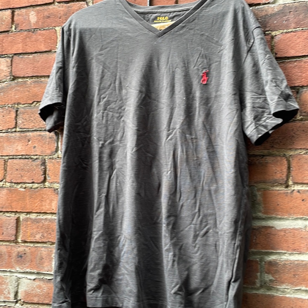 Vintage Polo by Ralph Lauren V-Neck Tee Shirt Graphite Gray Red Logo